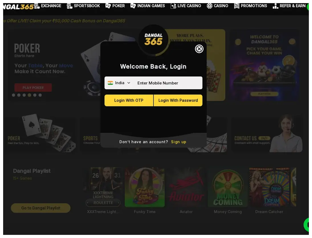Dangal365 Login modal overlay, "Login With OTP" and "Login With Password" buttons, 16.10.2026